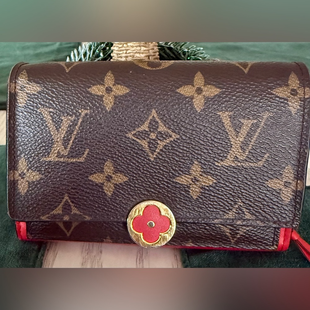 Authentic Louis Vuitton Brown Monogram Wallet with Red Floral Accent